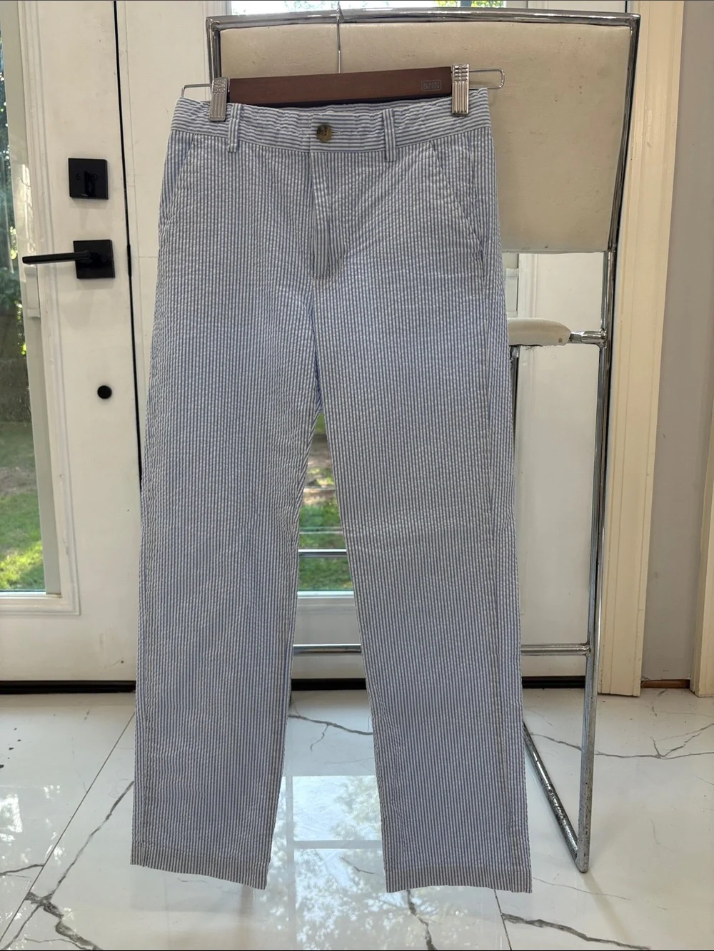 Light Blue & White Seersucker Straight-Leg Pants